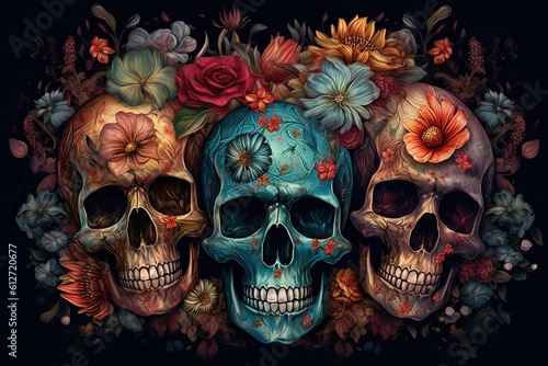 Three colored skulls decorated with flowers on a dark background. Generative AI