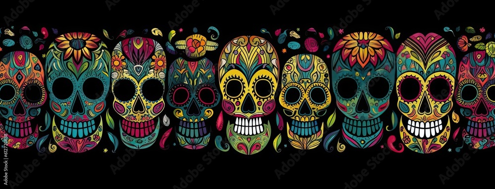 Many colored skulls with flowers on a dark background. Generative AI