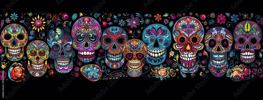 Many colored skulls with flowers on a dark background. Generative AI