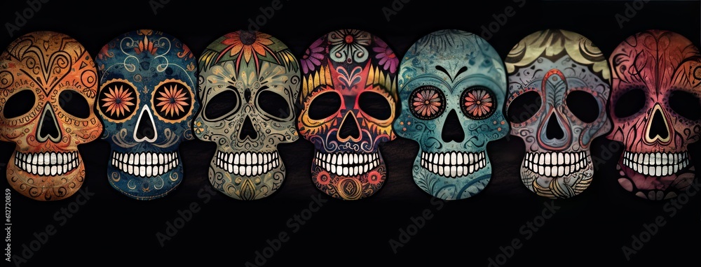 Many colored skulls with flowers on a dark background. Generative AI Many colored skulls with flowers on a dark background. Generative AI