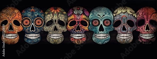 Many colored skulls with flowers on a dark background. Generative AI