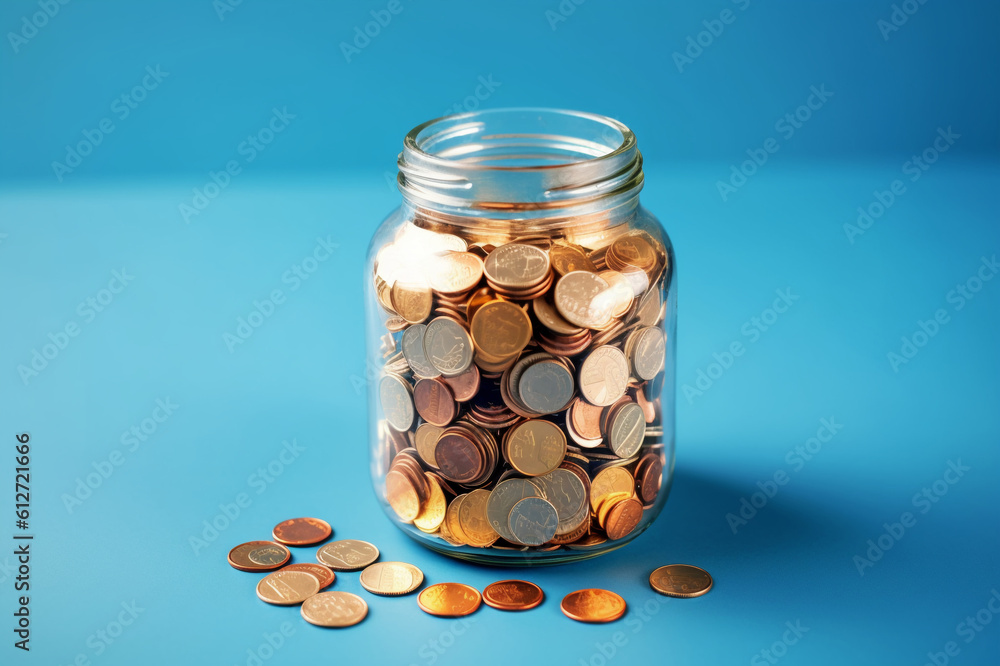 Money saving concept, budgeting – many golden coins in glass jar on blue background. Generative AI Money saving concept, budgeting – many golden coins in glass jar on blue background. Generative AI