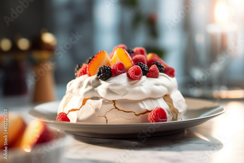 Closeup of a homemade Pavlova cake adorned with vibrant fruits and berries. Delicious and decorative. Generative AI