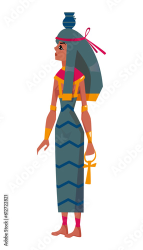 Ancient Egyptian goddess Nut. Deity of sky with water pot on head flat vector illustration. Mythological sacred character of heavens with ankh in hand isolated on white background.
