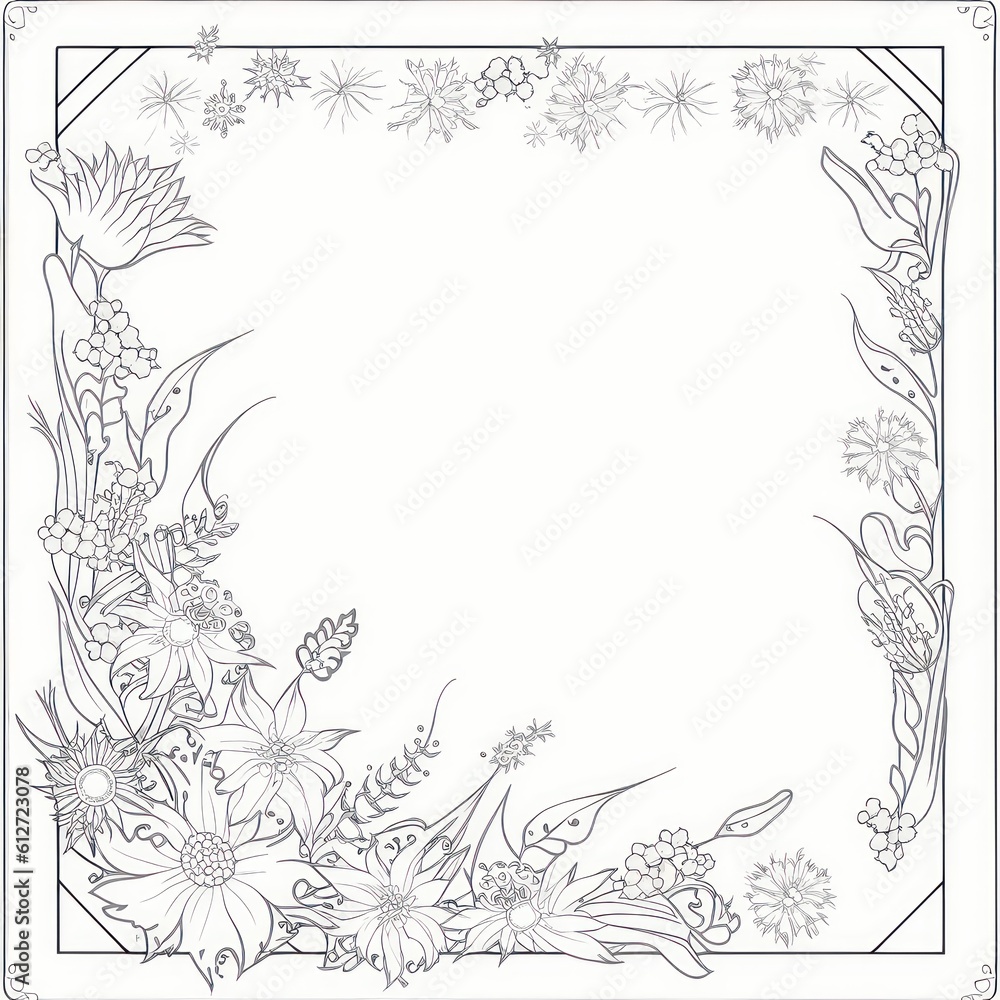A coloring page of flower borders on the sides with white color. Generative AI.