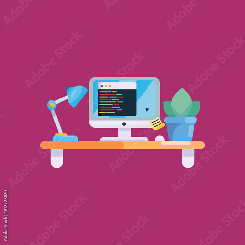 Computer with group items table laptop wooden table with lamp books cactus