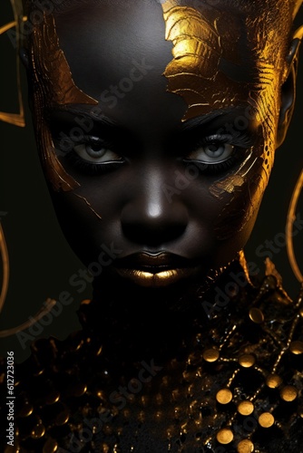 a spellbinding fantasy portrait of a black beauty with golden ornaments  fictional person created with generative ai
