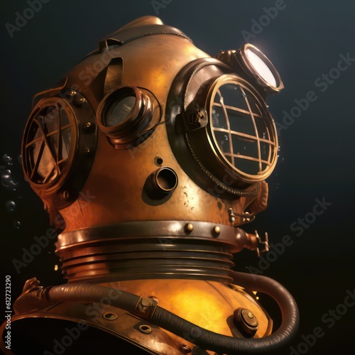 Biomechanic diving helmet vintage fancy color. Illustration. Digital art painting. Generative AI. photo