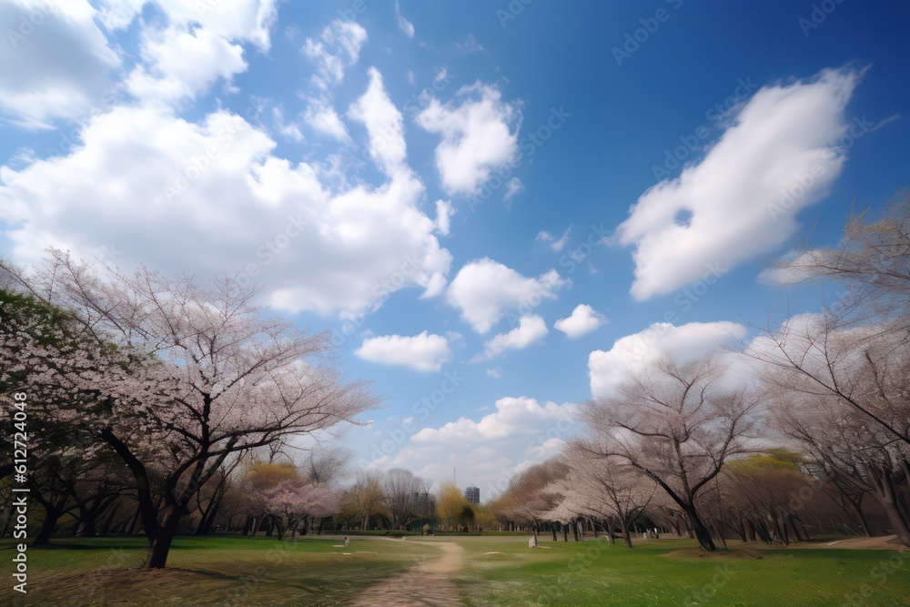 Beautiful park with blue sky in soft dreamy style. Generative AI.