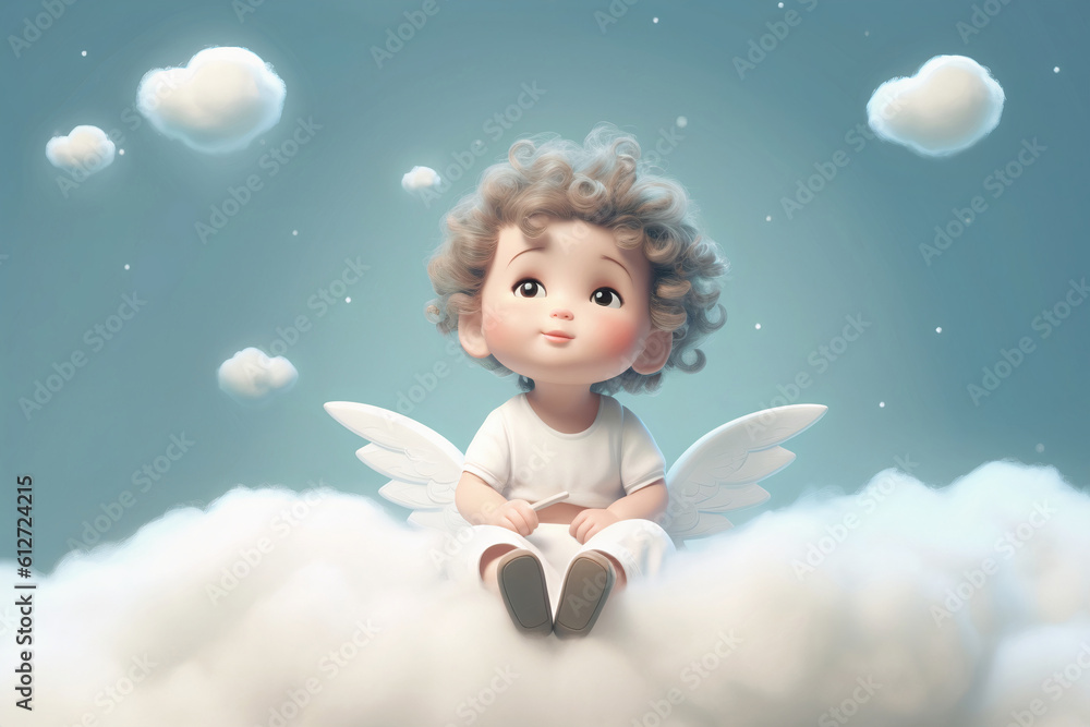 Little cute boy kid child, angel with wings sitting on the cloud dreaming. Generative AI - obrazy, fototapety, plakaty 