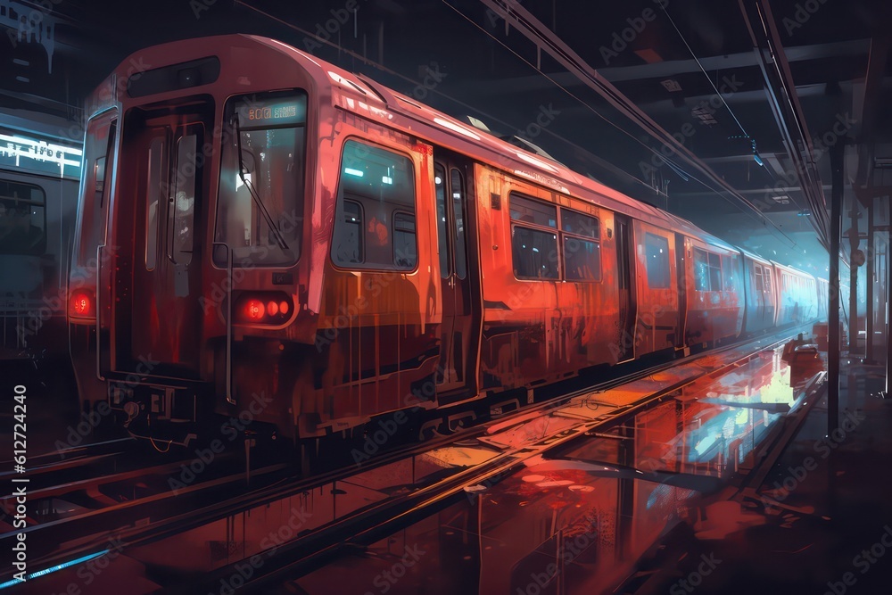 Red line digital art style illustration painting about train station. Digital art painting. Generative AI.