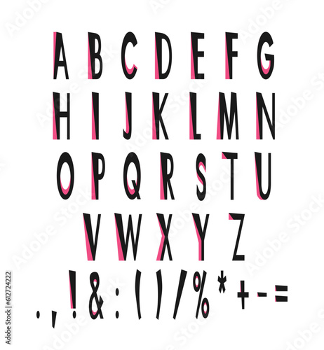 Amusing black, pink decor alphabet set. Vector decorative typography. Decorative typeset style. Latin script for headers. Trendy letters and numbers for graphic posters, banners, invitations texts