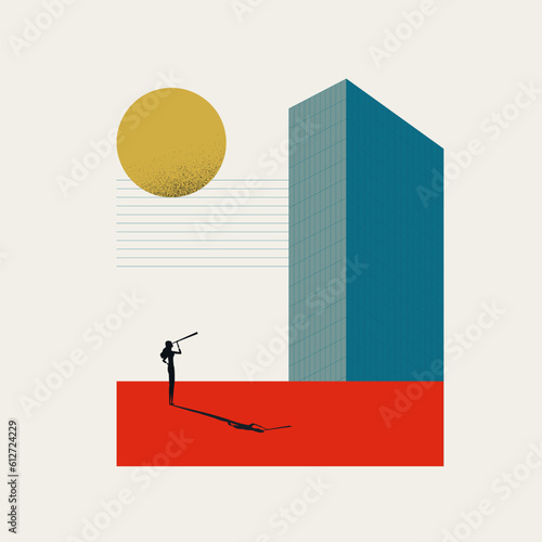 Vector illustration of Businesswoman standing in front of corporate building, Career ambition, opportunities for success