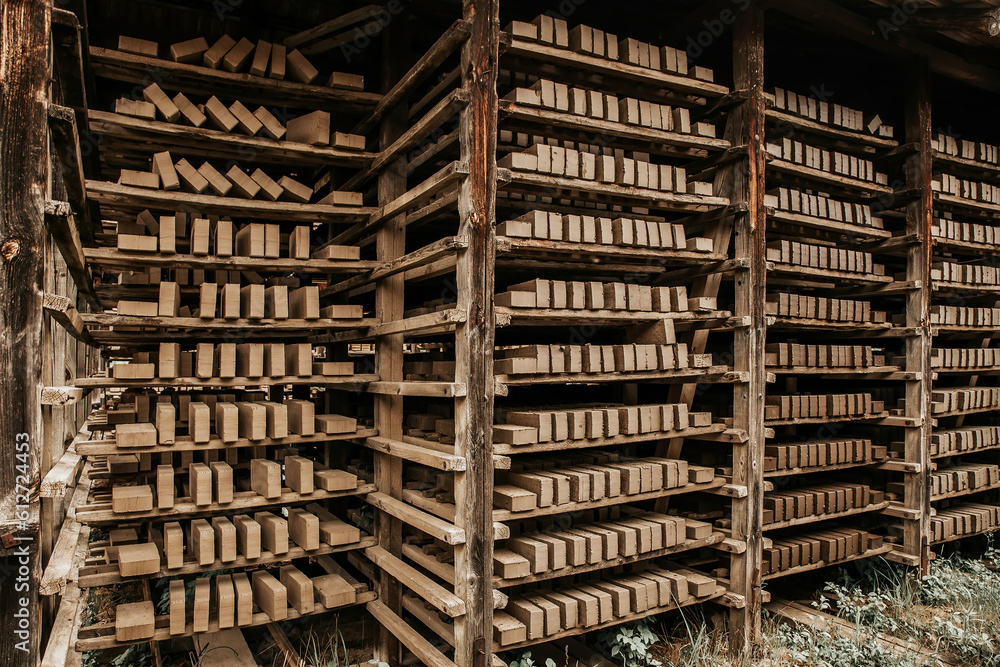Brick drying on shelves in brick factory
