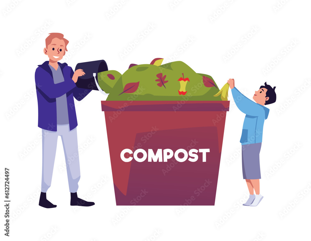 Vector illustration isolated of man with a boy throw away organic food into a compost bin. Recycling, Zero wast concept Vector illustration isolated of man with a boy throw away organic food into a compost bin. Recycling, Zero wast concept