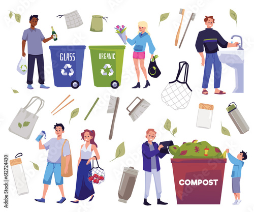 Vector isolated banners set of reduce, reuse, recycle and zero waste concept. Illustrations people use biodegradable things, make compost, sorting garbage