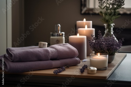 Spa table candles towels spa decor lilac neutral colors. Relax and health concept. Generative AI.