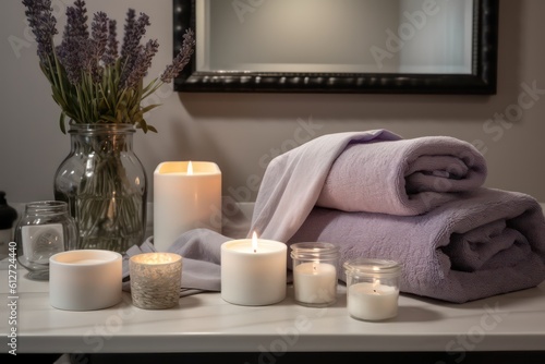 Spa table,candles,towels,spa decor lilac neutral colors. Relax and health concept. Generative AI.
