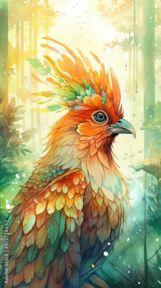 Watercolor art of phoenix. Watercolour art about fantasy bird. Digital art painting. Generative AI.