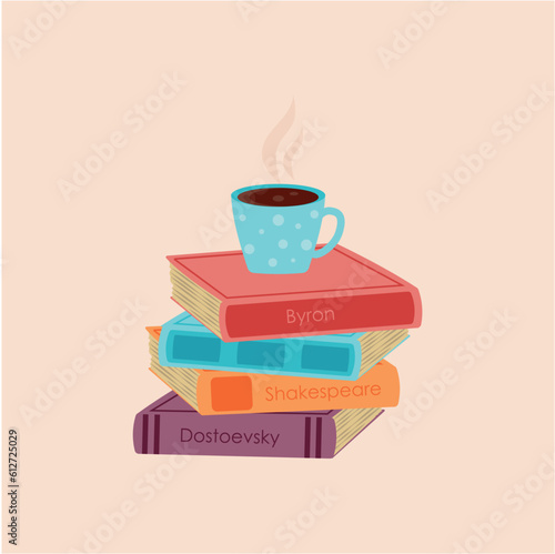 Stack of books and coffee cup isolated background. Pile of colorful books. Hand drawn educational vector illustration