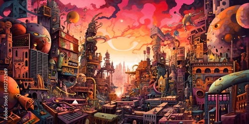 illustration of a surreal chaotic and fictional city, crazy fantasy landscape, generative ai