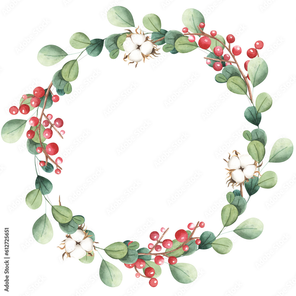 Wreath with red berries and green branches. Modern design for Holidays invitation card, poster, banner, greeting card, postcard, packaging, print. watercolro illustration isolated on white background.