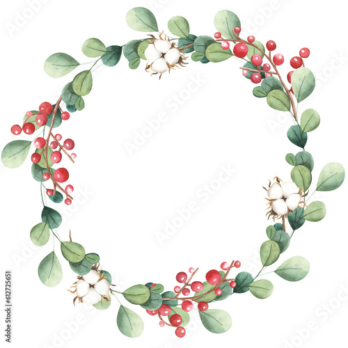 Wreath with red berries and green branches. Modern design for Holidays invitation card, poster, banner, greeting card, postcard, packaging, print. watercolro illustration isolated on white background.