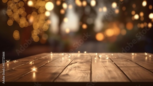 Empty wooden table top mockup for placing your objects, blurred background with christmas lights bokeh, ai generated