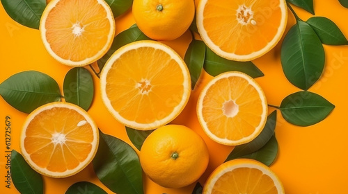 Fresh ripe citrus oranges and limes on vivid organge background with space for text