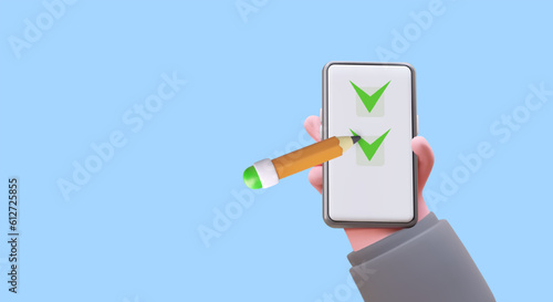 To do list in phone. 3D hand marks completed points with pencil. Process of achieving goal. Vector concept for planning, management. Splitting task into parts, assigning executors