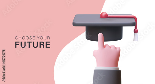Choose your future. Various educational programs. Higher Education. Professional courses to choose. 3d male hand pointing to graduate hat. Poster for educational resources