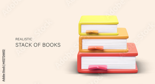 Realistic stack of books. Volumes in hard covers of different colors. Textbooks with bookmarks. 3D books with shadows. Large library. Vector concept for bookstores, libraries, publishing houses
