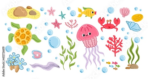 Cute sea creatures and plants. flat icons