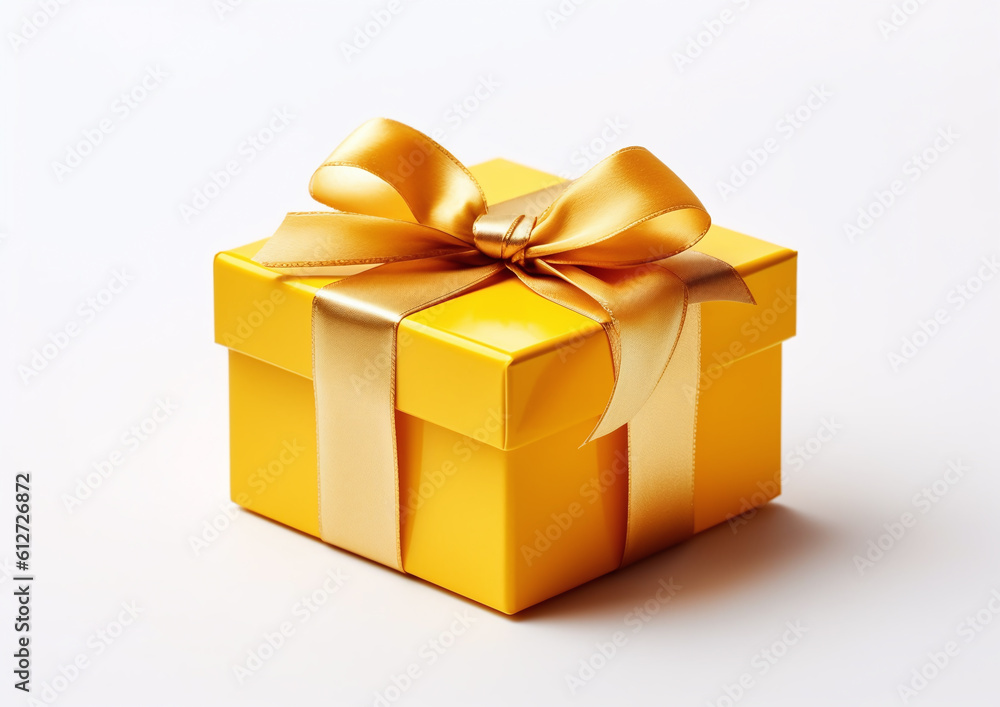 Fototapeta premium Yellow Gold gift box with ribbon isolated on white background. generative ai