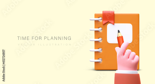 Time for planning. Realistic notebook with bookmark, hand with pencil. Time management. Learning process. Educational courses. Color poster with blank part for contacts, offers, announcements