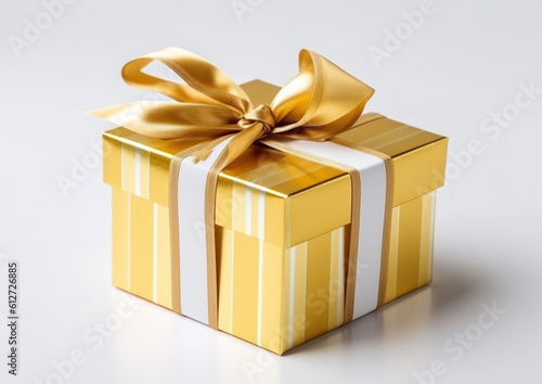 Yellow Gold gift box with ribbon isolated on white background. generative ai