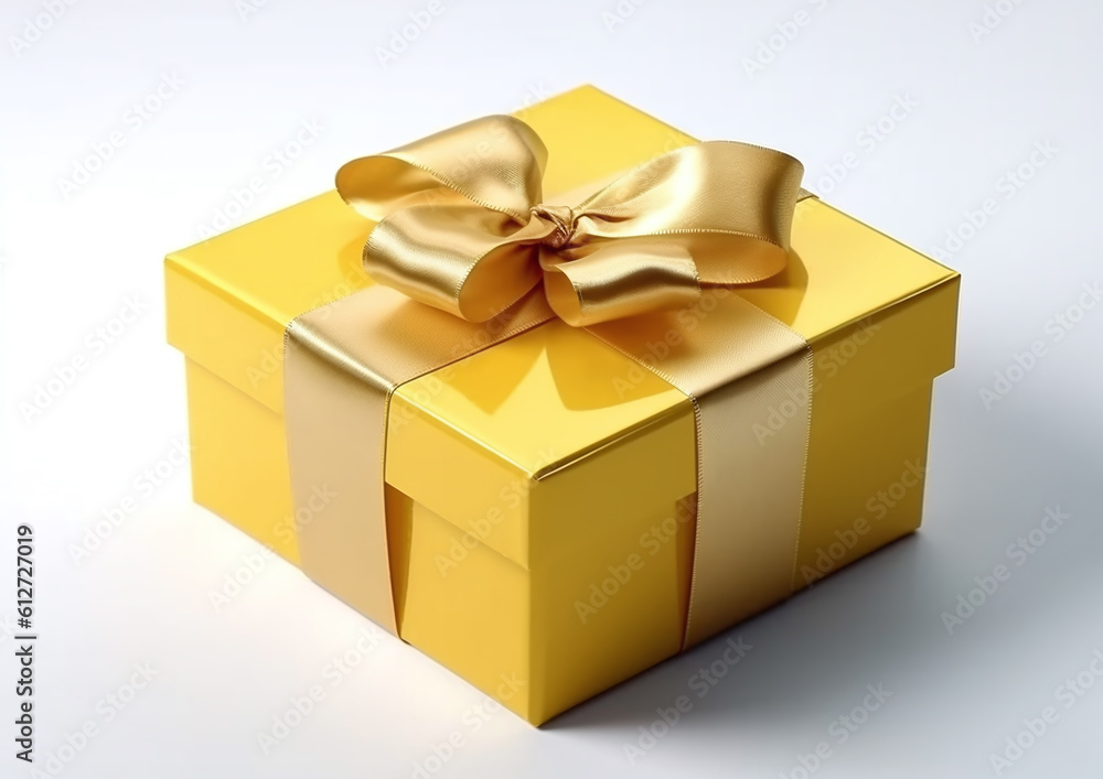 Yellow Gold gift box with ribbon isolated on white background. generative ai Yellow Gold gift box with ribbon isolated on white background. generative ai