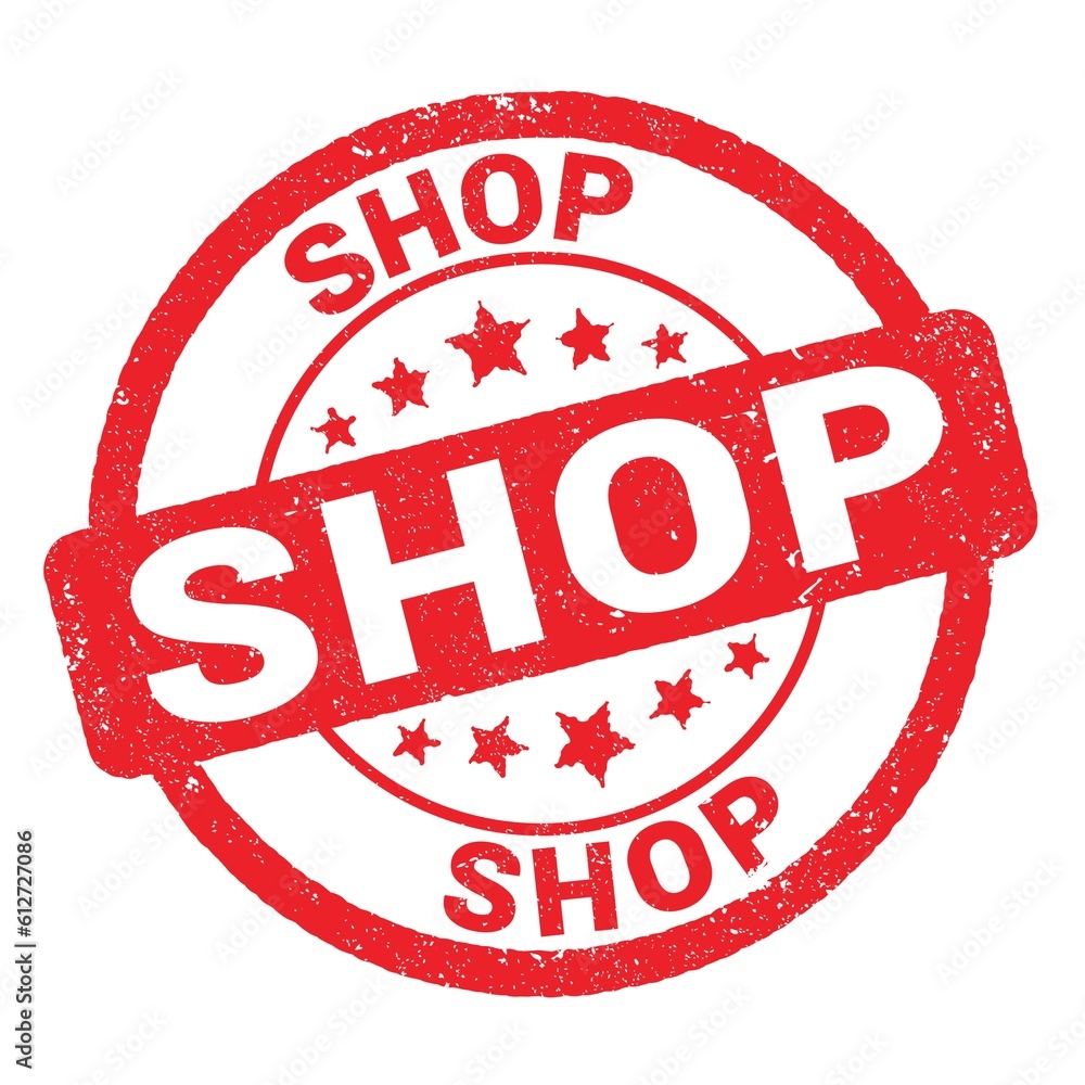 SHOP text written on red stamp sign. SHOP text written on red stamp sign.