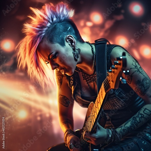 crazy female punk musician with e-guitar, fictional person created with generative ai