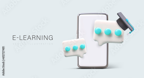 Distance learning. Advertising phone application for education. Realistic smartphone wearing graduate cap, communication icons. Poster in cartoon style