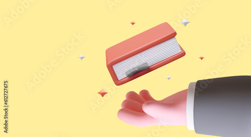 Get knowledge. 3D hand holds out thick book. Study assistance. Experienced teachers and tutors. Development, transition to higher level. Banner on yellow background