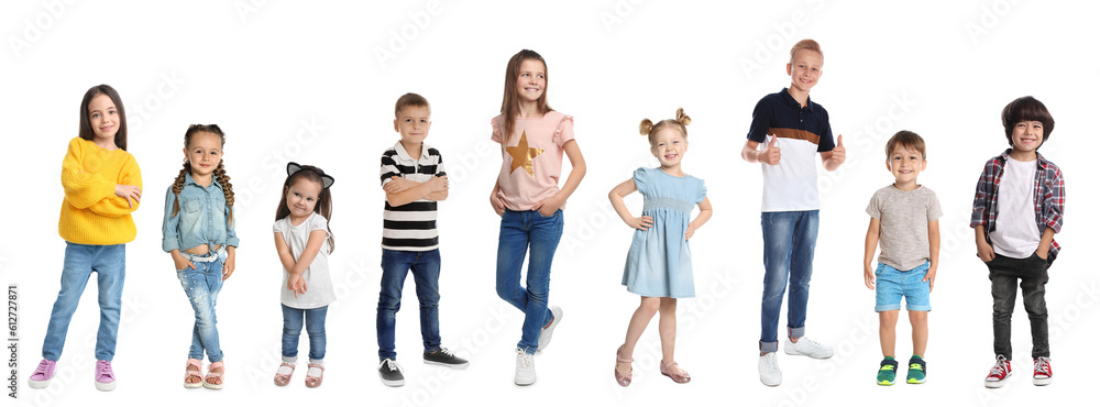 Cheerful children of different ages on white background Collage design