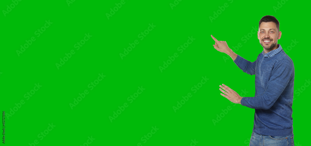 Chroma key compositing. Broadcaster against green screen, banner design Chroma key compositing. Broadcaster against green screen, banner design