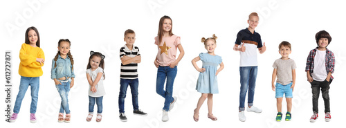 Cheerful children of different ages on white background. Collage design