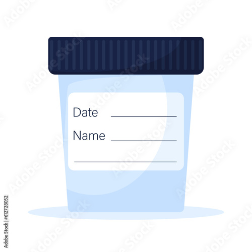 Plastic transparent container with date and name isolated on white background.