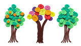 Set with different colorful plasticine trees on white background, top view