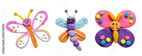 Set with different colorful plasticine butterflies on white background, top view photo