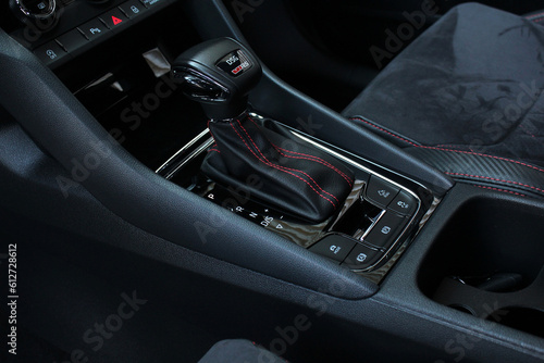 Automatic gearbox shift lever. Close up of the automatic transmission shift lever with luxury.