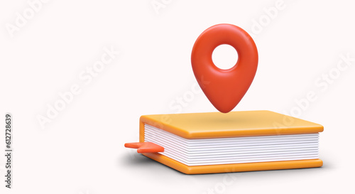 3D closed book with red geotag. Alphabetical index. Quick search for necessary information. Illustration with shadows on light background. Library resources