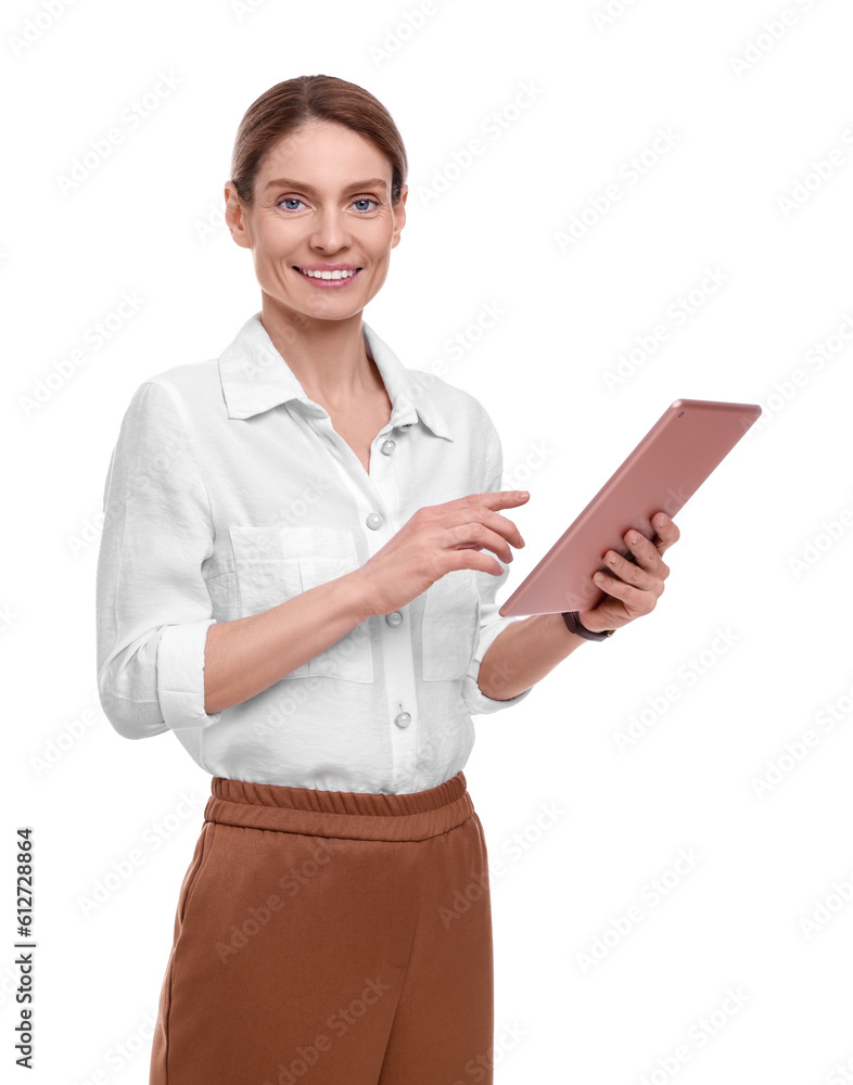 Beautiful happy businesswoman with tablet on white background Beautiful happy businesswoman with tablet on white background